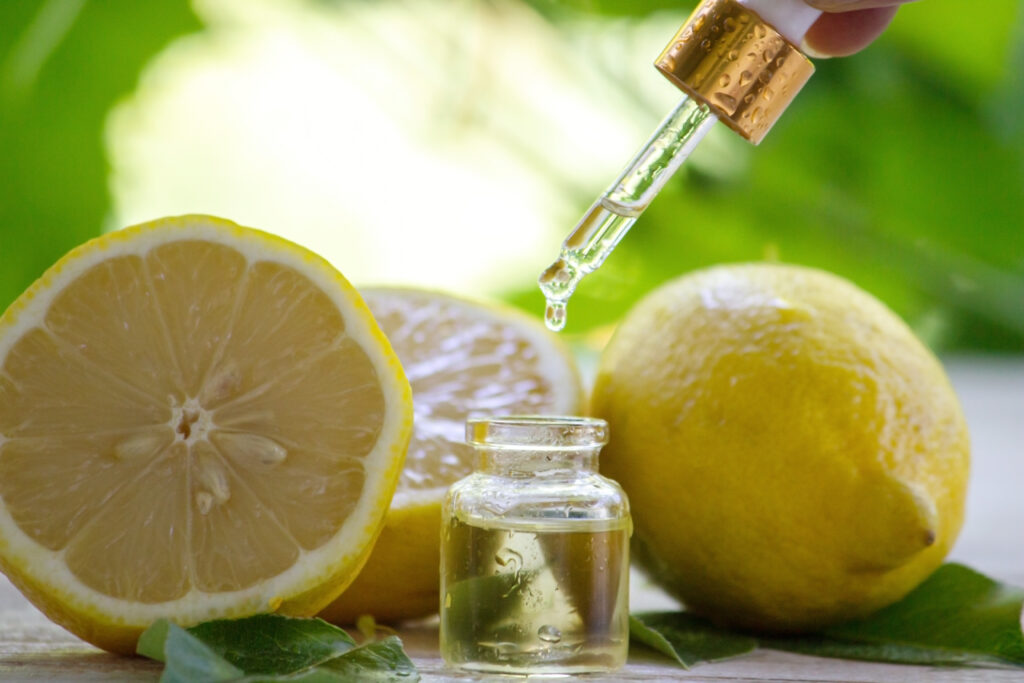A bottle of lemon essential oil is an alternative medicine.