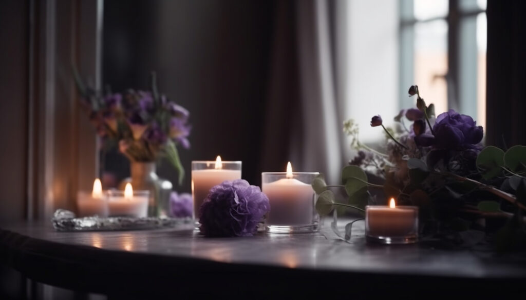 Decorazione viola con candela sul tavolo