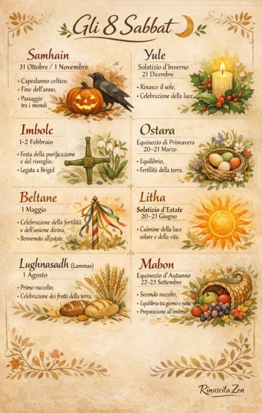 Ruota dell’anno, 8 Sabbat: significato spirituale e percorso di consapevolezza 8 Sabbat celtici Ruota dell'anno Rinascita Zen (1)